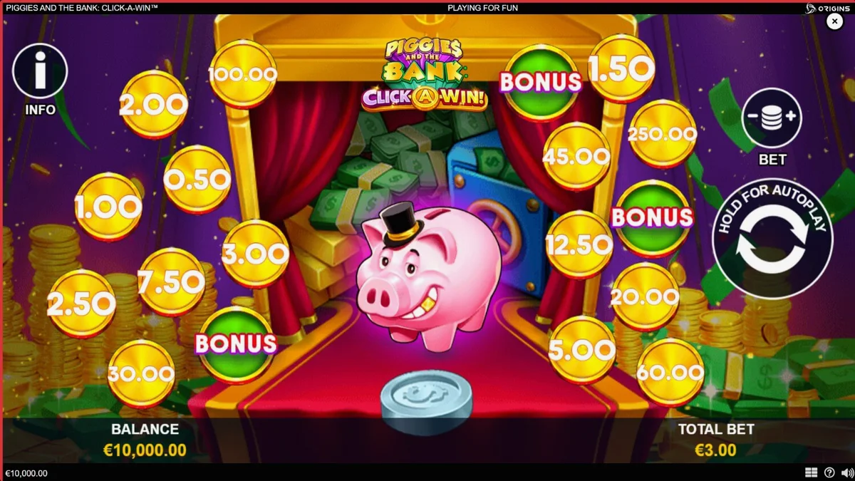 Piggies and the Bank: Click-A-Win slot machine interface
